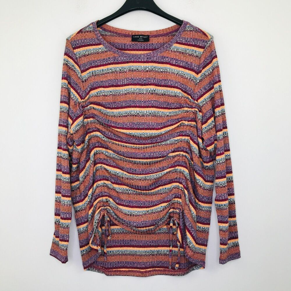 Lane Bryant Womens 18/20 Sweater Multicolor Stripe Rib Knit Ruched Tie Front BJ5